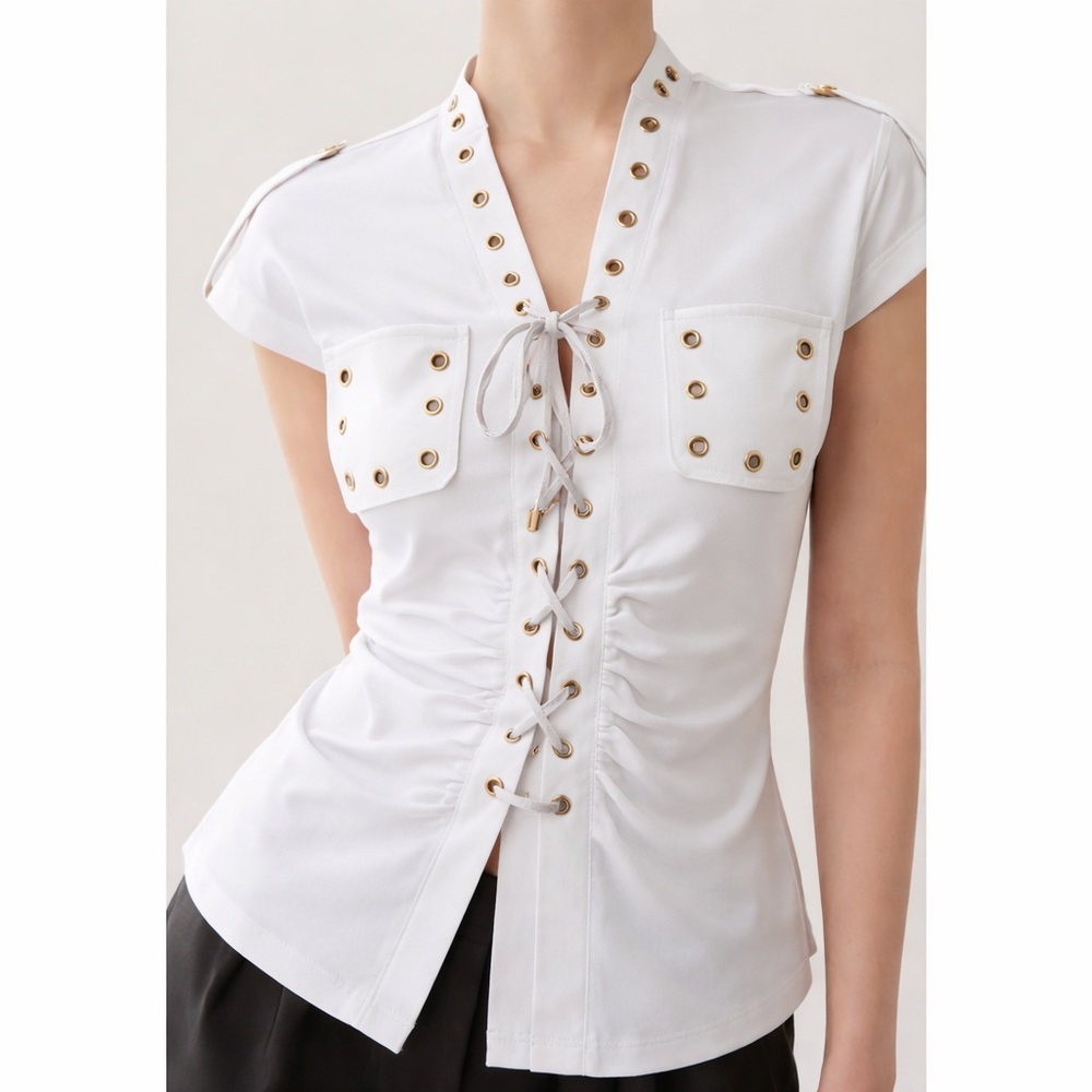 Karen Millen Lace Up Grommet Blouse Whiteโ Fitted Top Size 4 Y2K